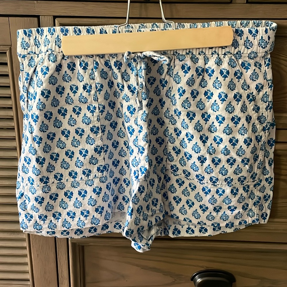 J. Crew Factory lightweight blue and white drawstring elastic waist shorts.